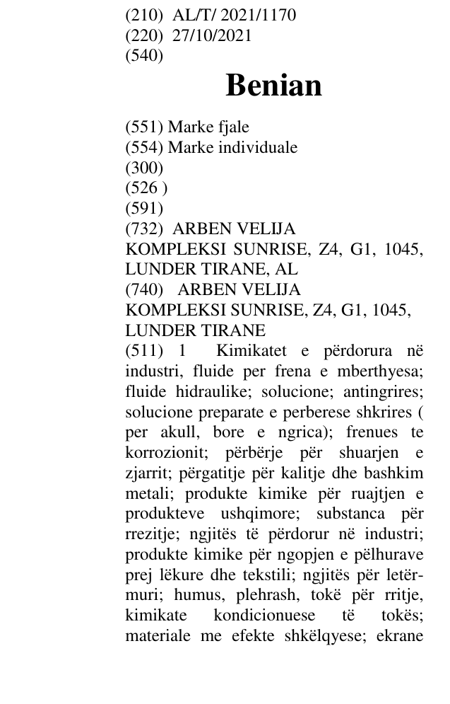 Zëri i markës Benian në buletin