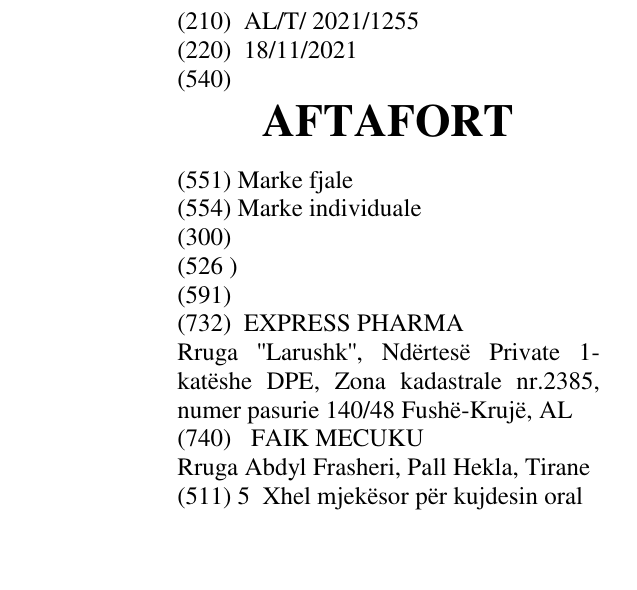 Zëri i markës AFTAFORT në buletin