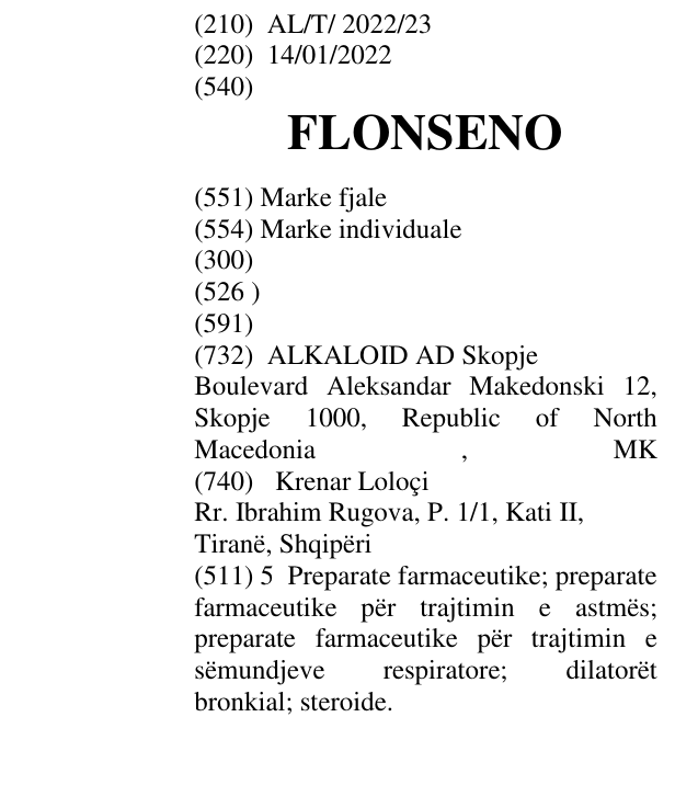 Zëri i markës FLONSENO në buletin