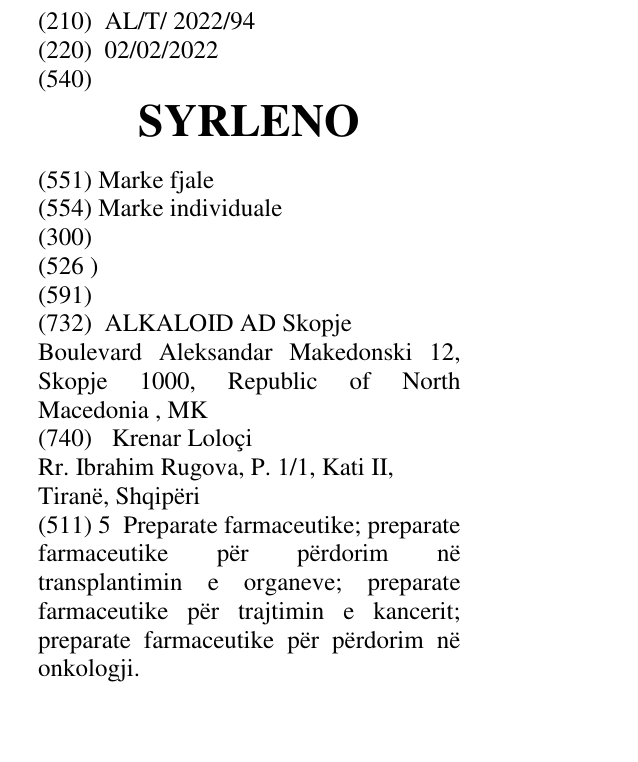 Zëri i markës SYRLENO në buletin