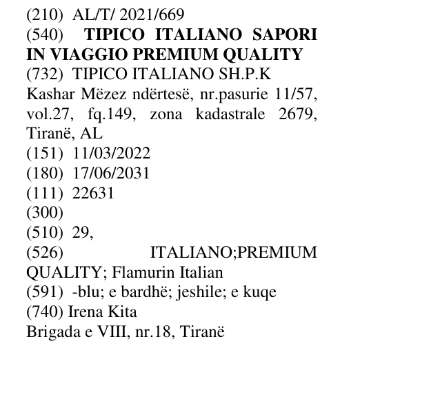 Zëri i markës TIPICO ITALIANO SAPORI IN VIAGGIO PREMIUM QUALITY në buletin