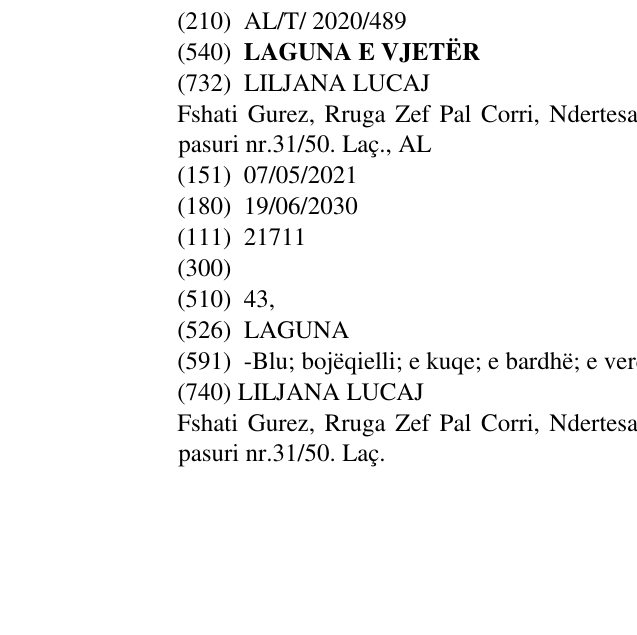 Zëri i markës LAGUNA E VJETËR në buletin