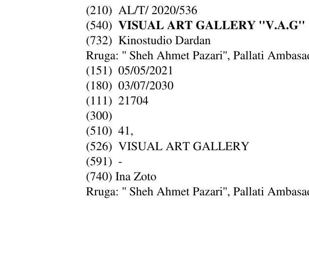 Zëri i markës VISUAL ART GALLERY ''V.A.G'' në buletin
