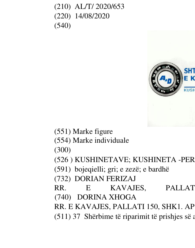 Zëri i markës KUSHINETAVE; KUSHINETA -PERMISTOPA në buletin