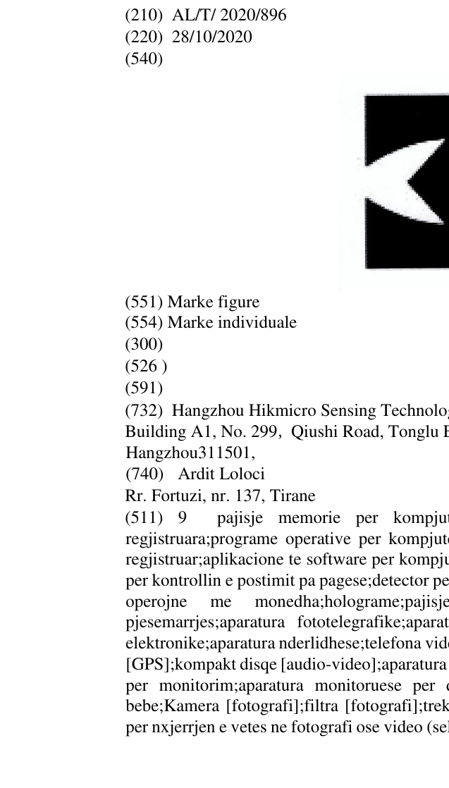 Zëri i markës AL/T/2020/896 në buletin