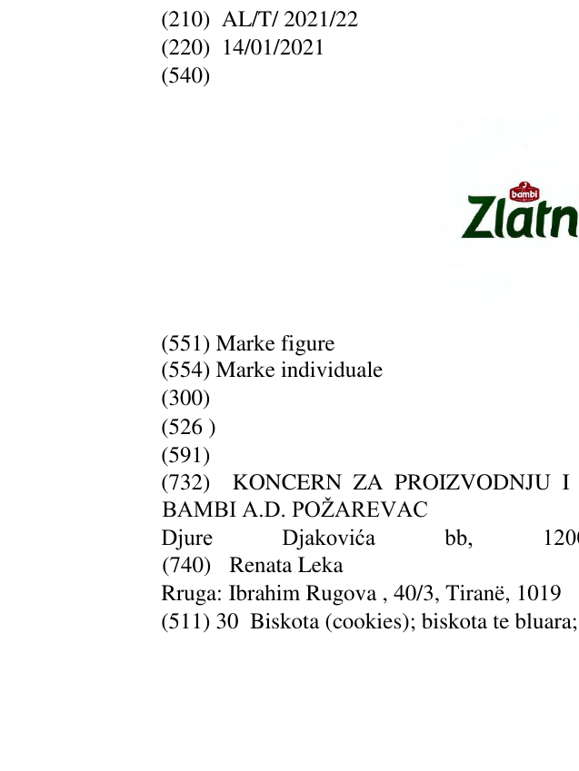 Zëri i markës Zlatni Pek në buletin