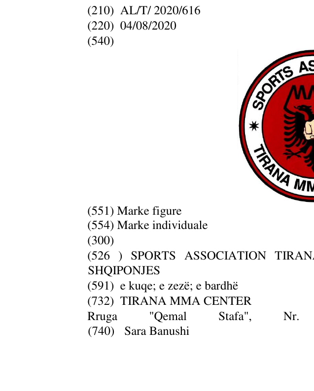 Zëri i markës SPORTS ASSOCIATION TIRANA, CENTER, ELEMENTI FIGURATIV I SHQIPONJES në buletin
