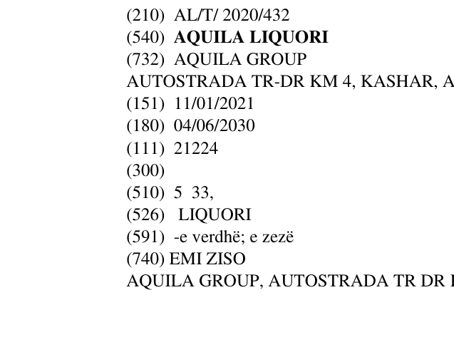 Zëri i markës AQUILA LIQUORI në buletin