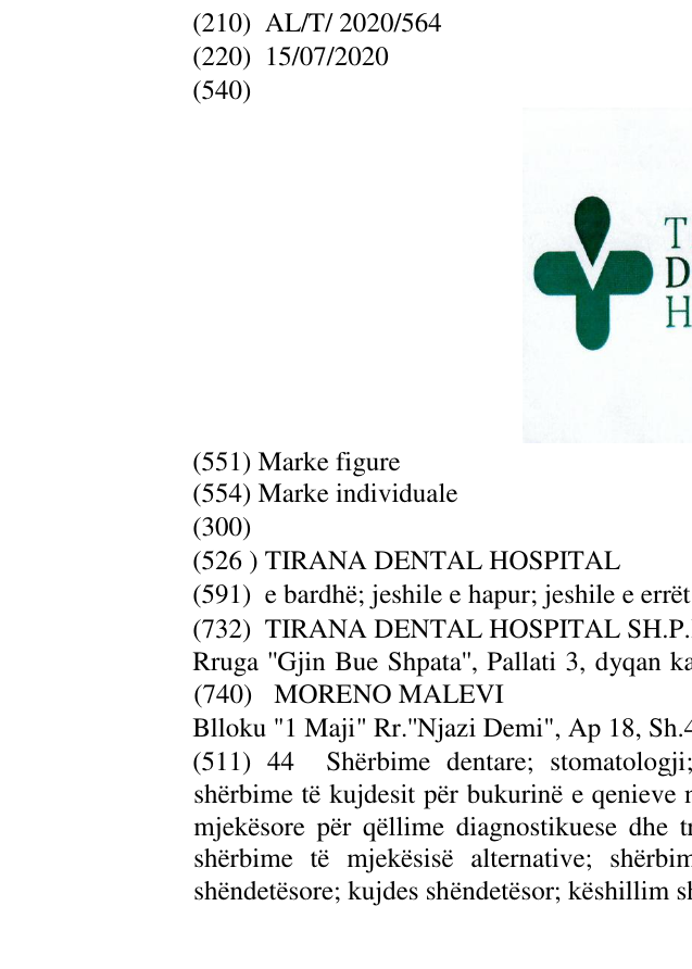 Zëri i markës TIRANA DENTAL HOSPITAL në buletin