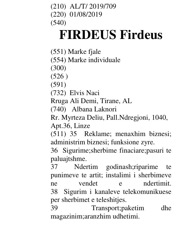 Zëri i markës FIRDEUS Firdeus në buletin