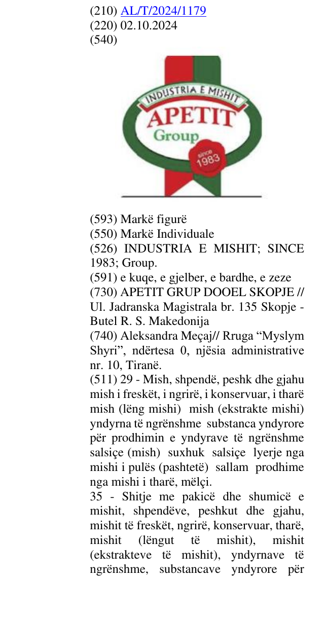 Zëri i markës INDUSTRIA E MISHIT; SINCE 1983; Group. në buletin