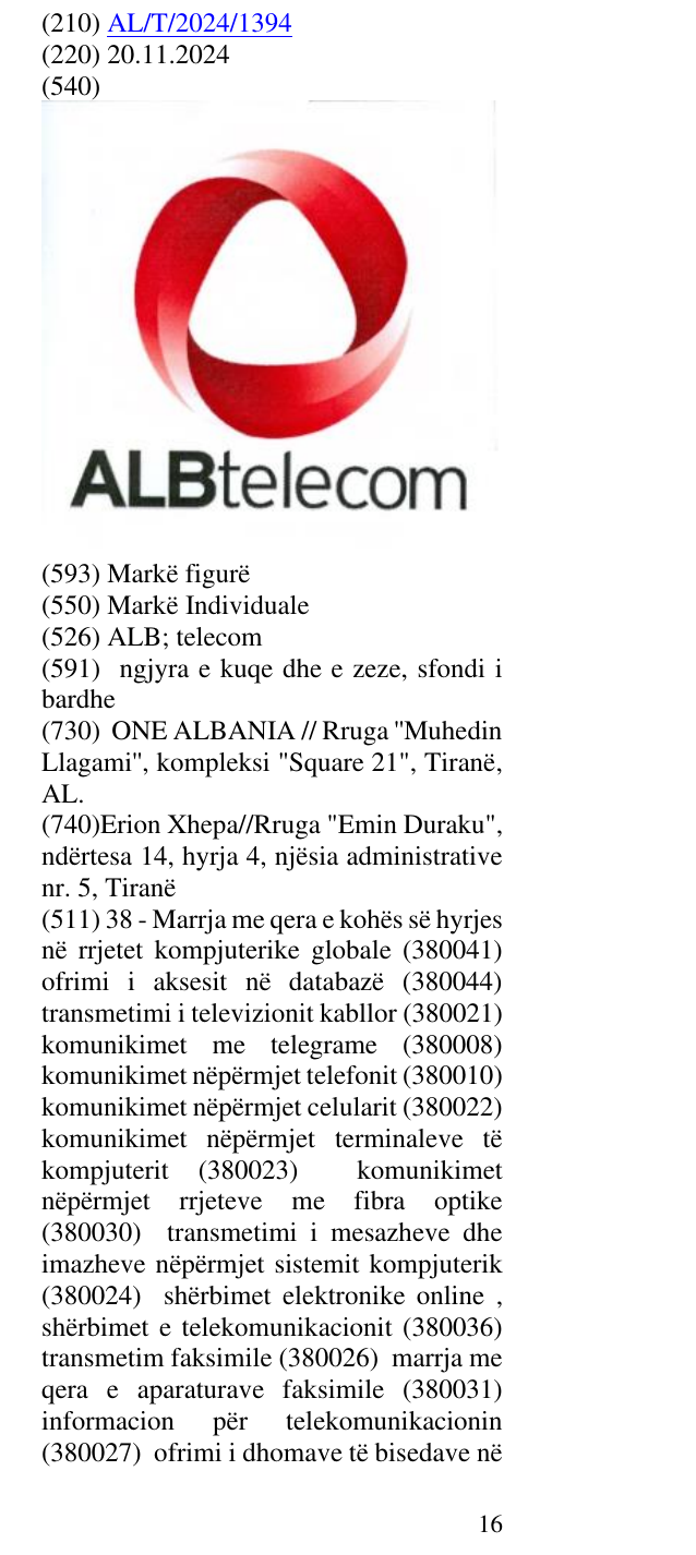 Zëri i markës ALB; telecom në buletin