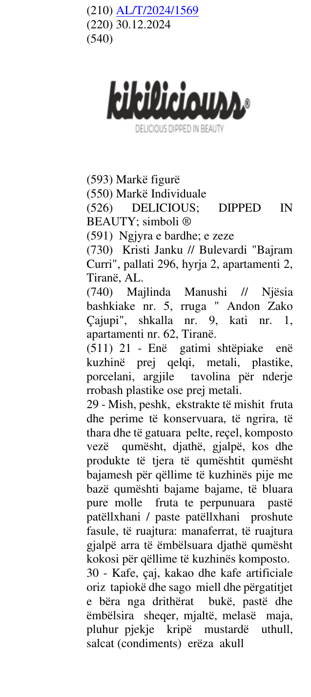 Zëri i markës DELICIOUS; DIPPED IN BEAUTY; simboli ® në buletin