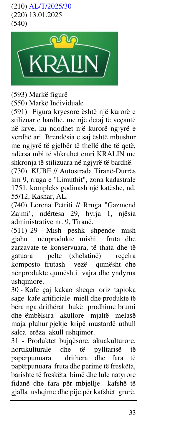 Zëri i markës KRALIN në buletin