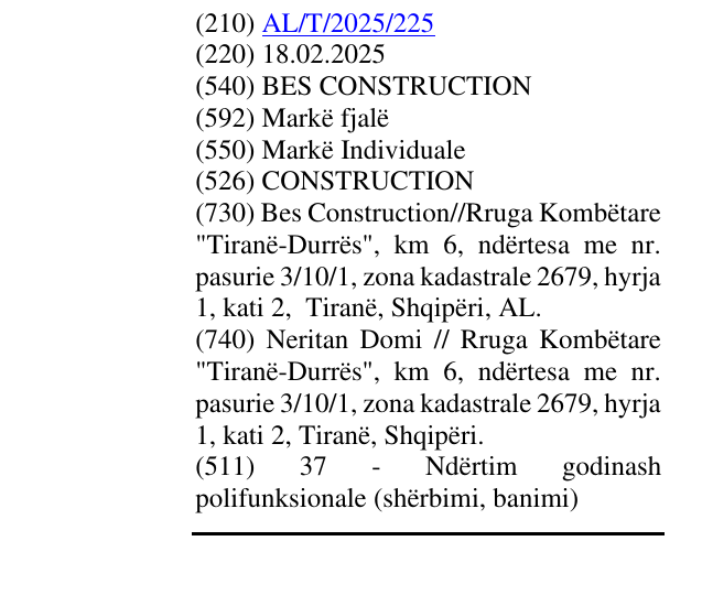 Zëri i markës BES CONSTRUCTION në buletin