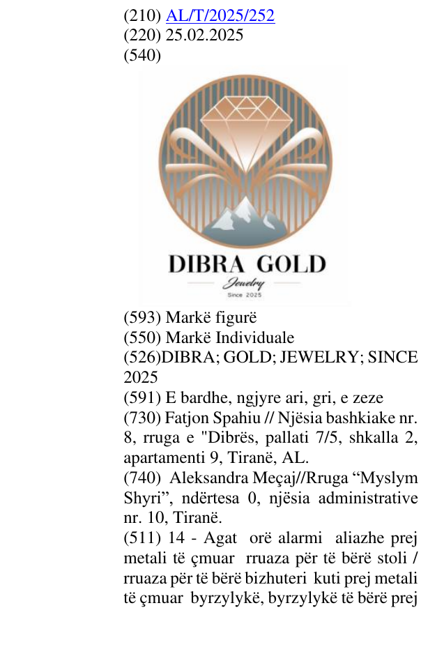 Zëri i markës DIBRA; GOLD; JEWELRY; SINCE 2025 në buletin