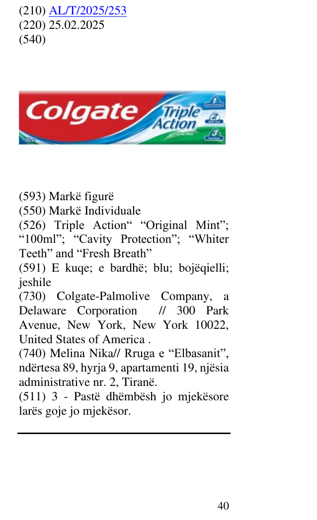 Zëri i markës Triple Action“ “Original Mint”; “100ml”; “Cavity Protection”; “Whiter Teeth” and “Fresh Breath” në buletin