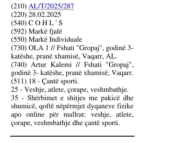 Zëri i markës C O H L ' S në buletin
