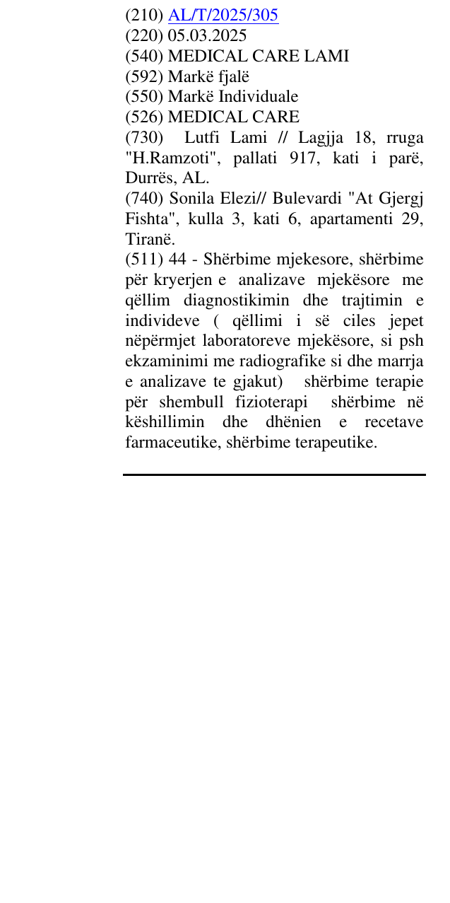 Zëri i markës MEDICAL CARE LAMI në buletin