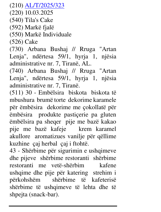 Zëri i markës Tila's Cake në buletin