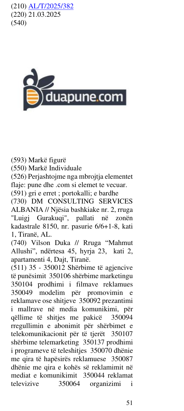 Zëri i markës Perjashtojme nga mbrojtja elementet flaje: pune dhe .com si elemet te vecuar. në buletin