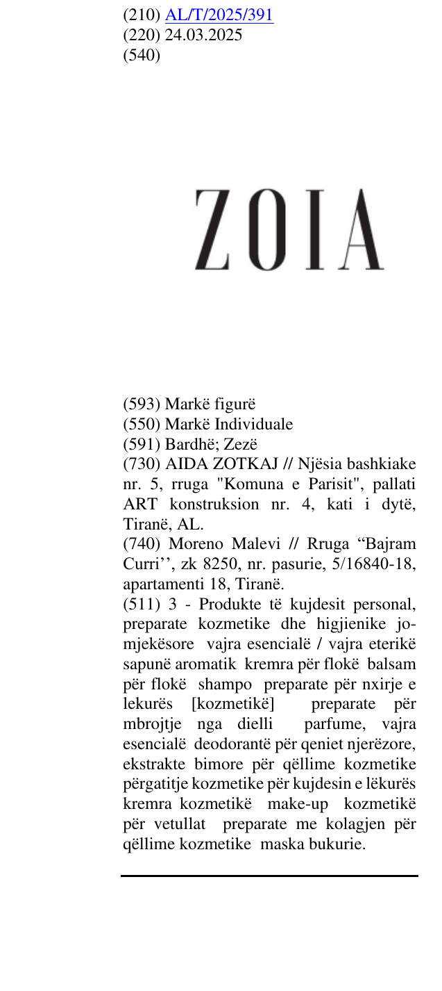 Zëri i markës ZOIA në buletin