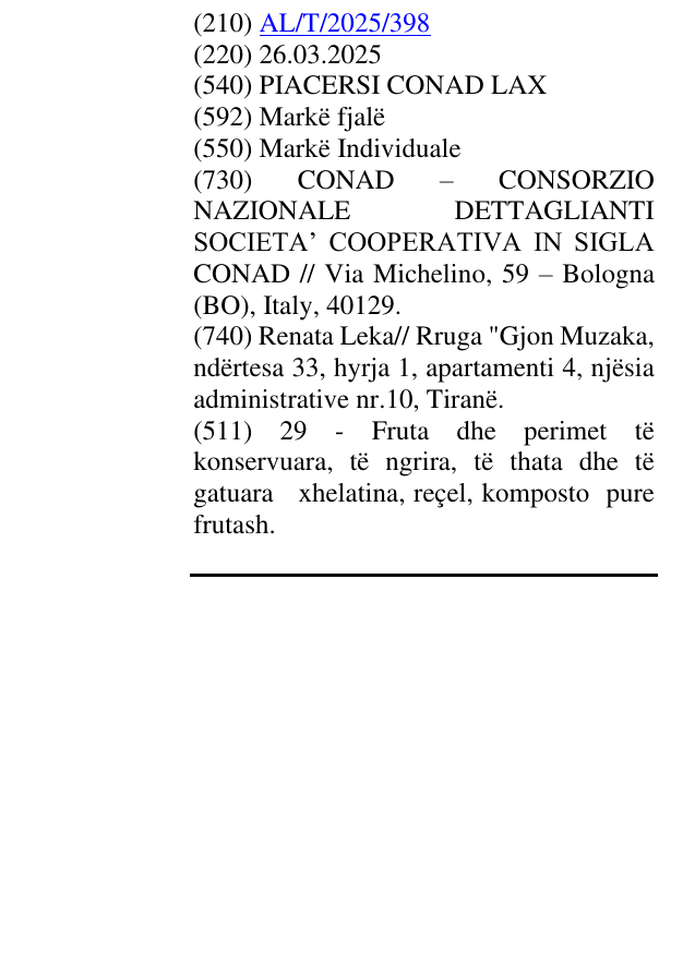 Zëri i markës PIACERSI CONAD LAX në buletin