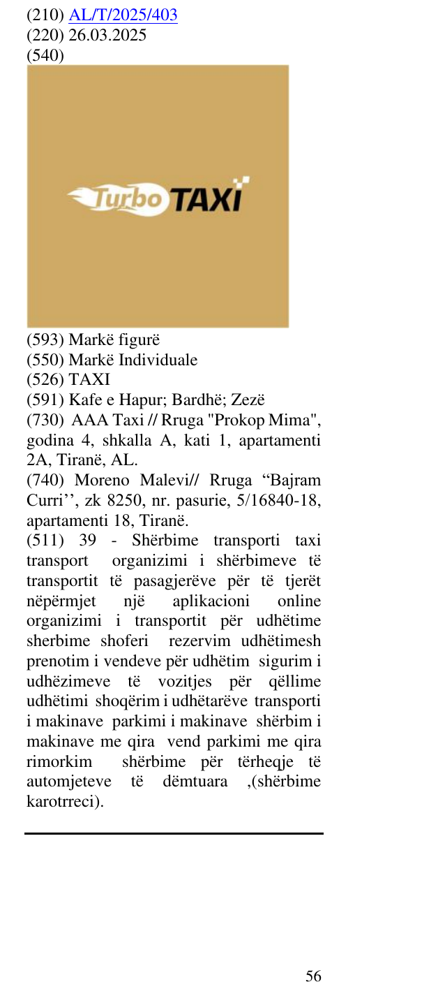Zëri i markës TAXI në buletin