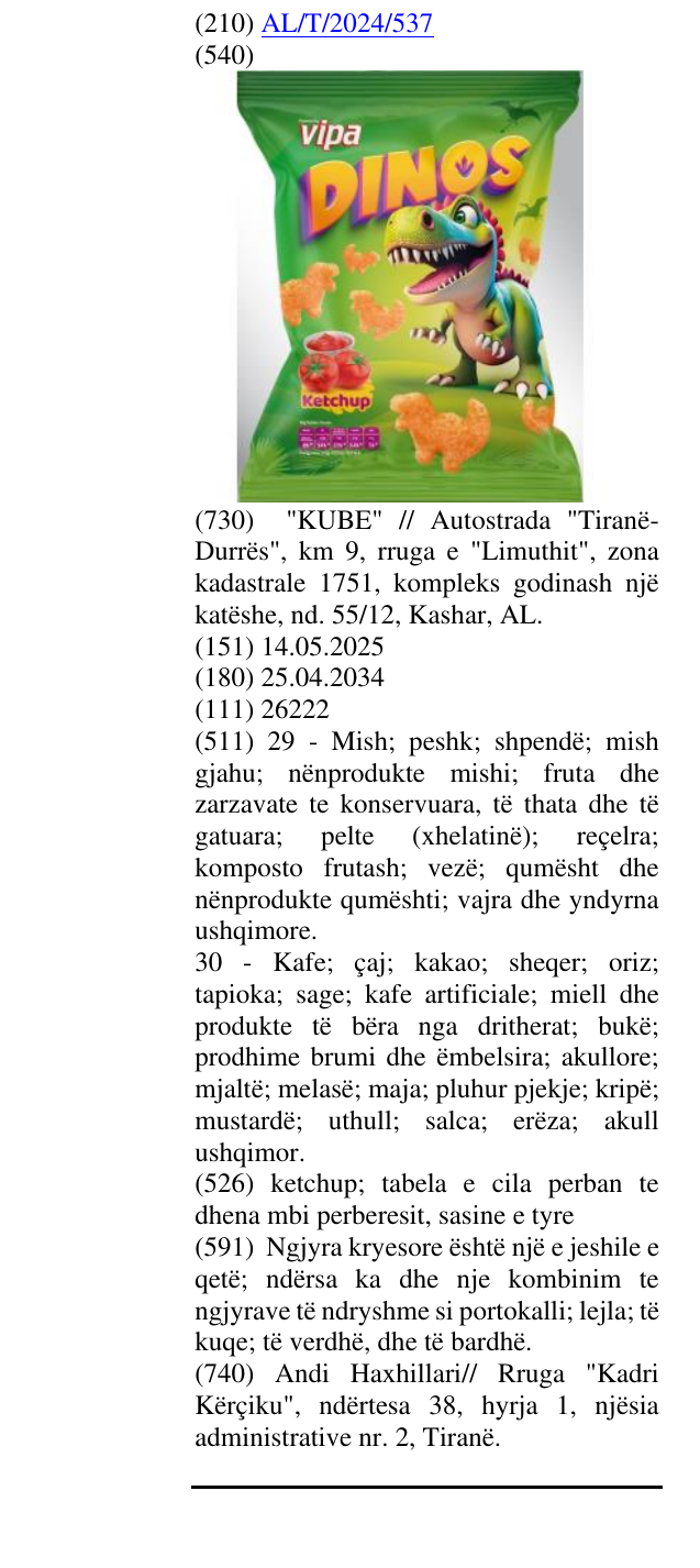 Zëri i markës ketchup; tabela e cila perban te dhena mbi perberesit, sasine e tyre në buletin