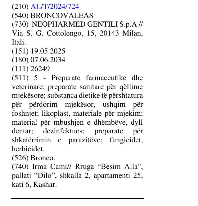 Zëri i markës BRONCOVALEAS në buletin