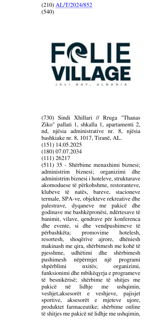 Zëri i markës Jali Bay Albania në buletin
