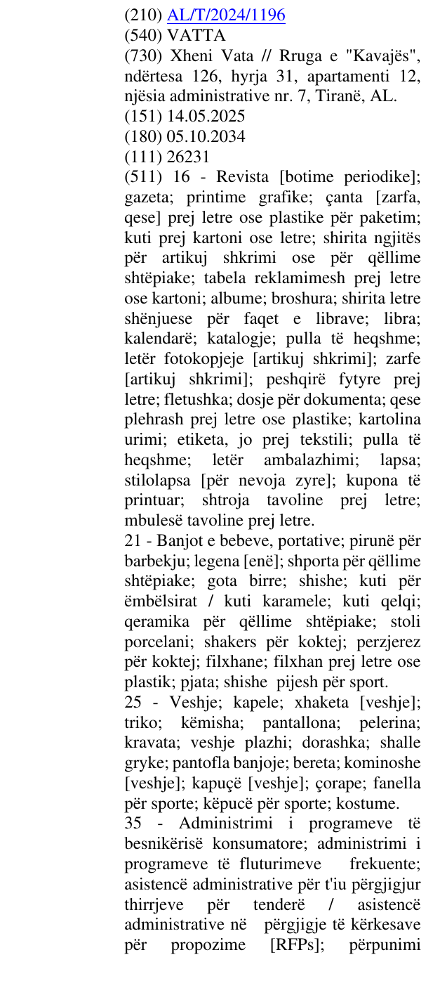 Zëri i markës VATTA në buletin