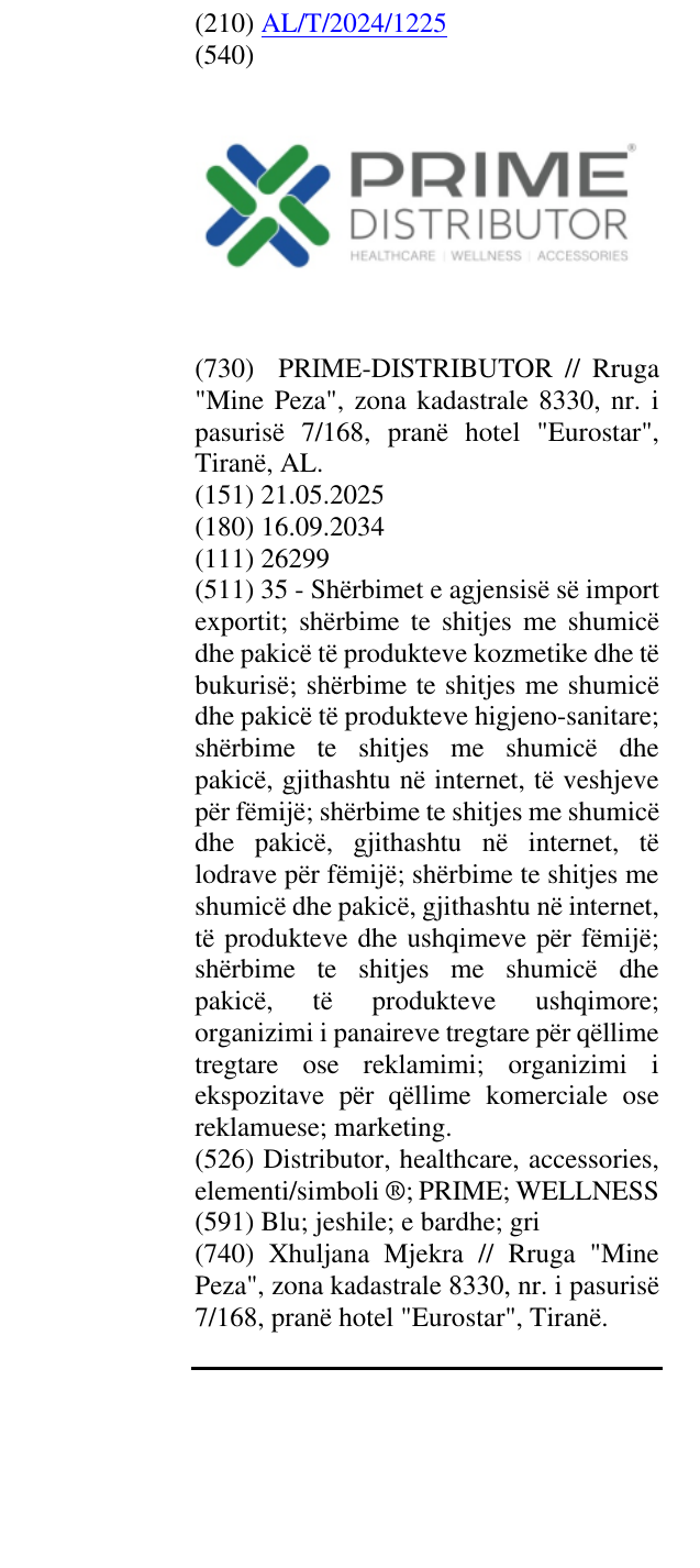 Zëri i markës Distributor, healthcare, accessories, elementi/simboli ®; PRIME; WELLNESS në buletin