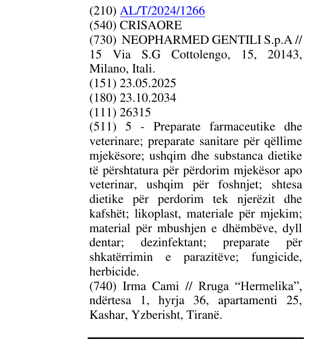 Zëri i markës CRISAORE në buletin