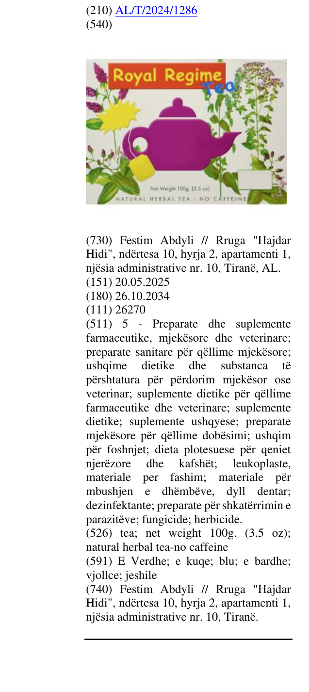 Zëri i markës tea; net weight 100g. (3.5 oz); natural herbal tea-no caffeine në buletin
