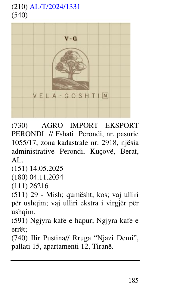 Zëri i markës V-G VELAGOSHTIN në buletin