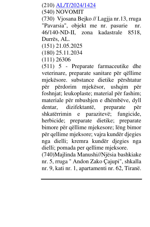Zëri i markës NOVOMIT në buletin