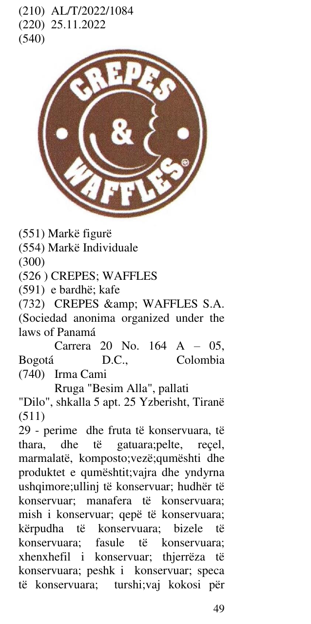 Zëri i markës CREPES; WAFFLES në buletin