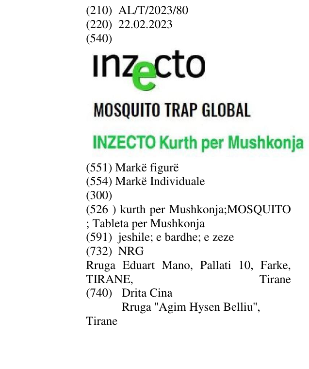 Zëri i markës kurth per Mushkonja;MOSQUITO ; Tableta per Mushkonja në buletin