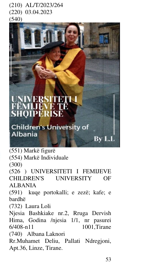 Zëri i markës UNIVERSITETI I FEMIJEVE CHILDREN'S UNIVERSITY OF ALBANIA në buletin