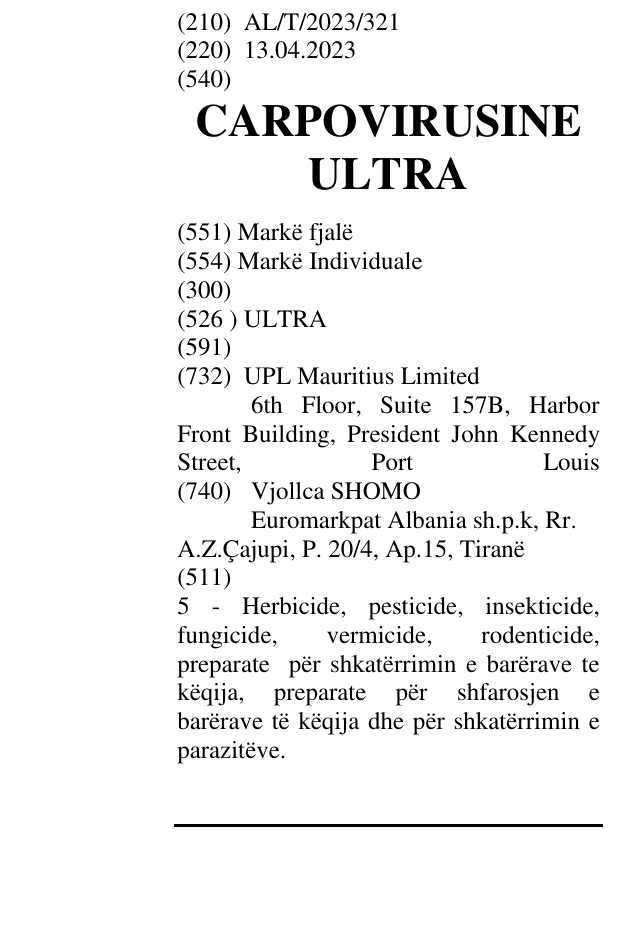Zëri i markës CARPOVIRUSINE ULTRA në buletin