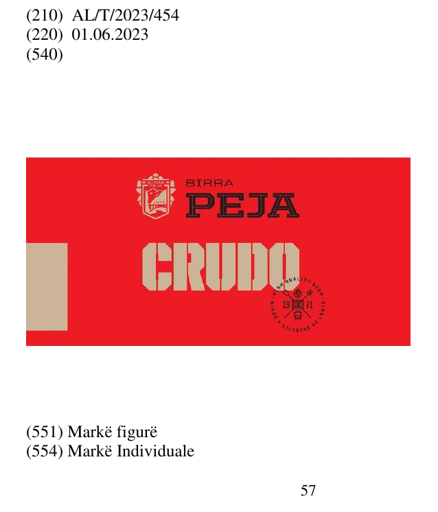 Zëri i markës BIRRA; CRUDO; BIRRË E CILËSISË SË LARTË; HIGH QUALITY BEER; 1971 në buletin