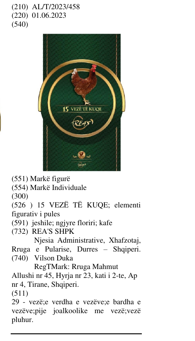 Zëri i markës 15 VEZË TË KUQE; elementi figurativ i pules në buletin