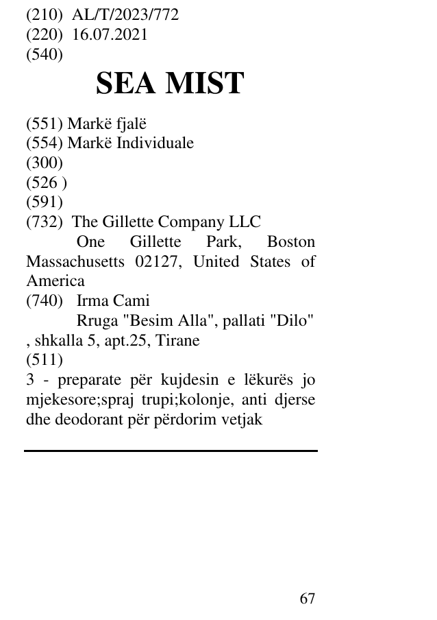 Zëri i markës SEA MIST në buletin