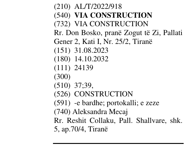 Zëri i markës VIA CONSTRUCTION në buletin