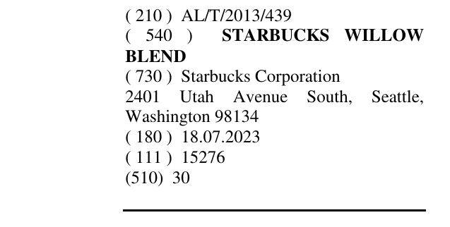 Zëri i markës STARBUCKS WILLOW BLEND në buletin