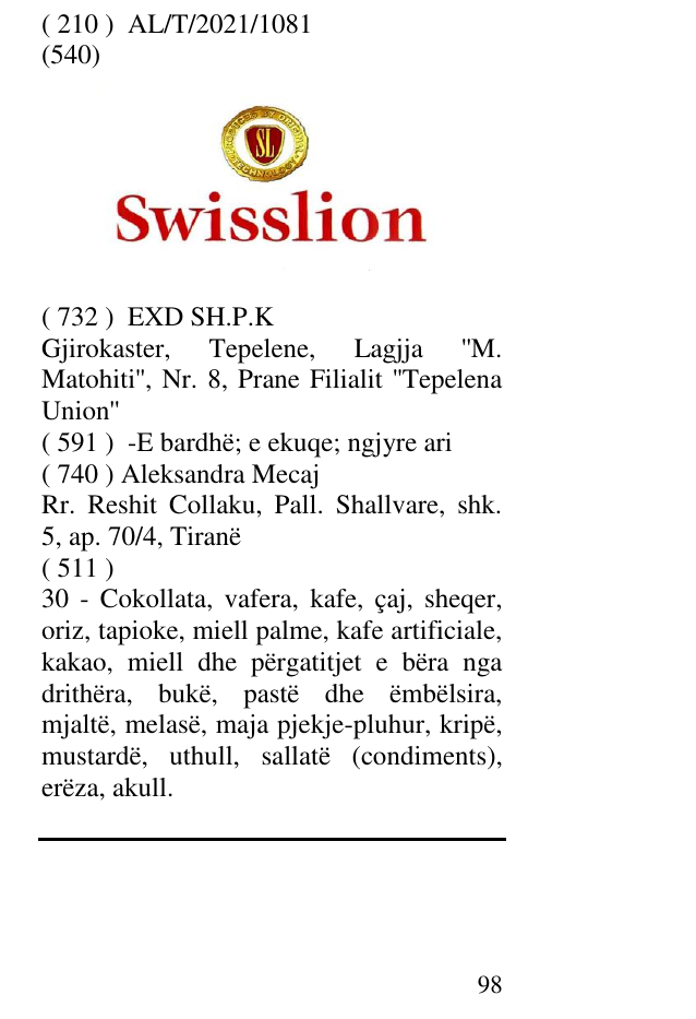 Zëri i markës SL SWISSLION në buletin