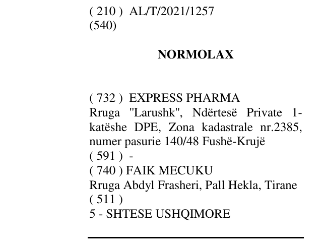 Zëri i markës NORMOLAX në buletin