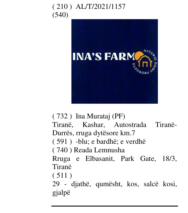 Zëri i markës INA'S FARM në buletin