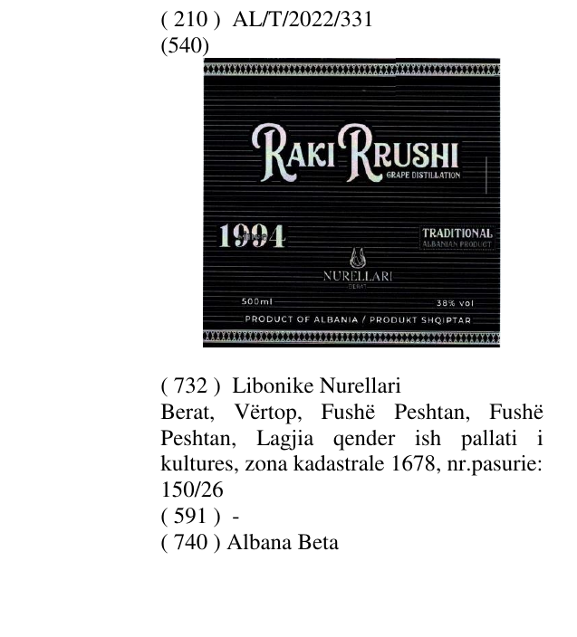 Zëri i markës RAKI RRUSHI në buletin